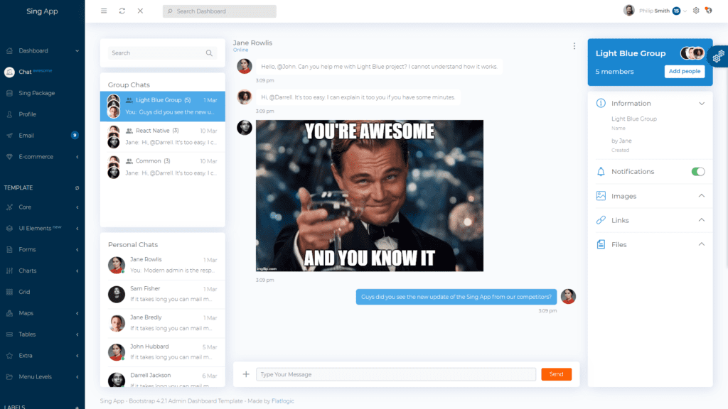Sing App HTML5 Admin Dashboard is Updated. Awesome Chat Added.