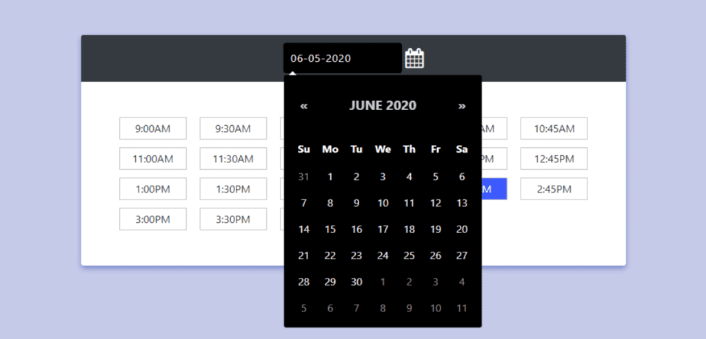 Bootstrap 4 Date Pickers Examples, Bootstrap 4 Dark themed date and time picker