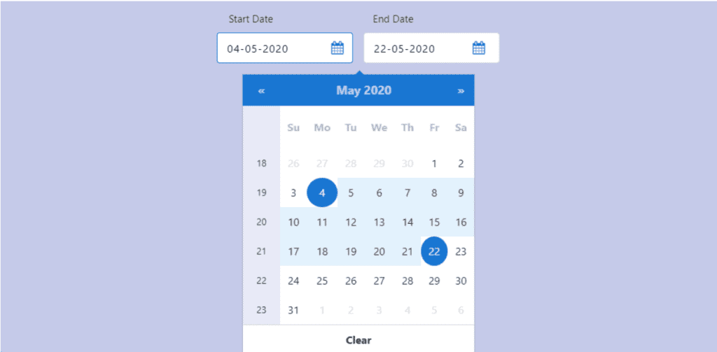 Bootstrap 4 Date Pickers Examples, Bootstrap 4 blue themed date picker with date range and week number