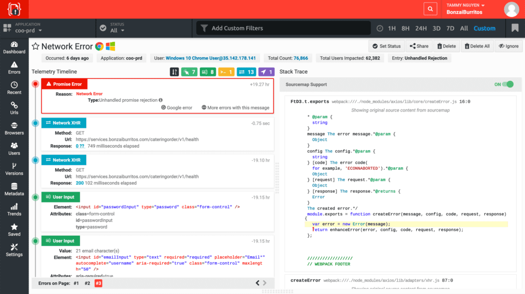 Javascript Error Tracking - Find which user actions lead to exceptions