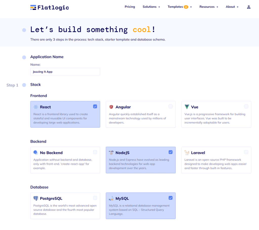 Flatlogic Platform: Naming your project and picking the Tech Stack