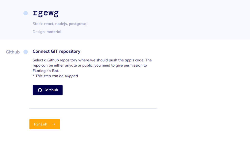 Flatlogic platform: review, hit "Finish", and host